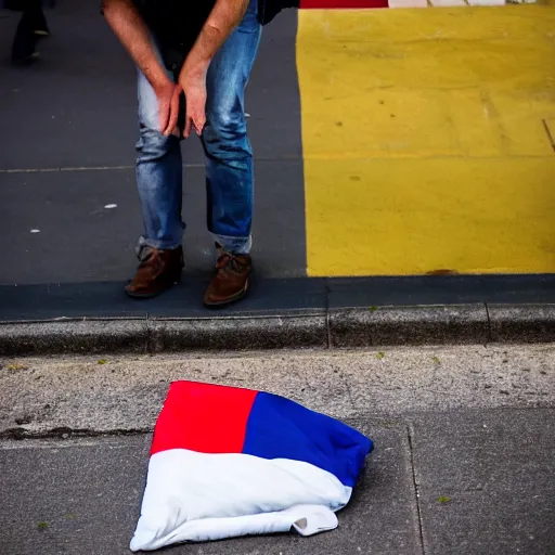 Image similar to a guy who looks like emmanuel macron urinate on a french flag in the street, 5 0 mm lens, street photography