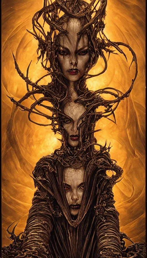 Prompt: Elden Ring, vampiric succubus oracle exoskeleton saint icon portrait themed tarot card, the dark post-apocalyptic hellscape torment intricate golden artwork by Artgerm, Johnatan Wayshak, Zdizslaw Beksinski, Darius Zawadzki, H.R. Giger, Takato Yamamoto, masterpiece, very coherent artwork, cinematic, high detail, octane render, unreal engine, 8k, High contrast, golden ratio, trending on cgsociety, ultra high quality model, production quality cinema model in the style of Midjourney, highly detailed and intricate artwork, masterpiece, majestic, ephemeral, cinematic lighting, vivid and vibrant colors, iconic movie poster character production art concept, haunting, horror, gothic fog ambience, golden fire palette, Artstation trending, unreal engine, octane render