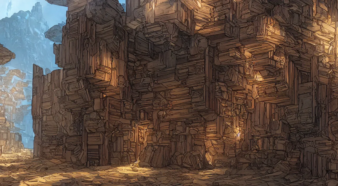 Image similar to wood wall fortress greeble block amazon jungle portal door unknow world global illumination ray tracing ambiant torch fornite that looks like it is from borderlands and by feng zhu and loish and laurie greasley, victo ngai, andreas rocha, john harris