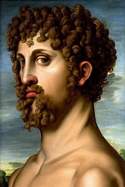 Image similar to renaissance painting of man, short curly hair, evil face, emotions closeup, dressed in roman armour, the beautiful garden with leaves, ultra detailed, art by Guido Reni style, Vincenzo Catena style