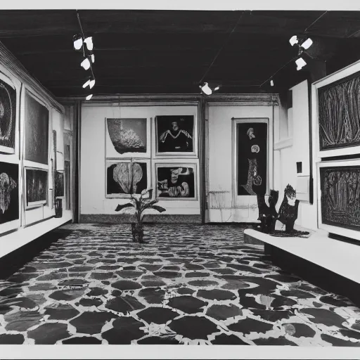 Image similar to A black and white screen print of gallery exhibition view from the 60s, anthropology, colonial, wild, exotic, artifacts, pedestal, ethnography, screen printing