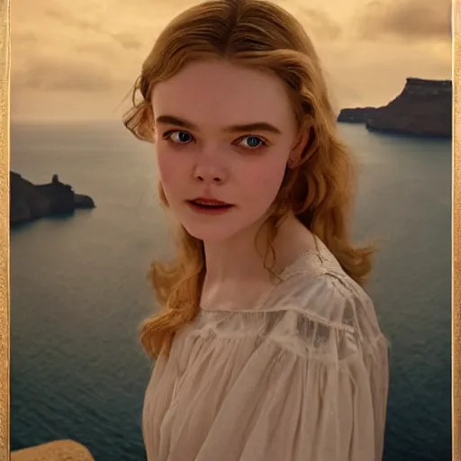 Image similar to Elle Fanning in Santorini at night, head and shoulders portrait, stormy weather, extremely detailed masterpiece, Roger Deakin’s cinematography, oil on canvas, Norman Rockwell,