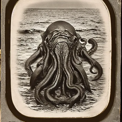 Image similar to a daguerreotype of cthulhu rising from the ocean