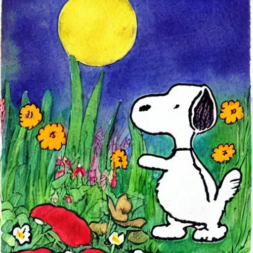 Image similar to Beatrix Potter watercolor illustration of Snoopy in a garden