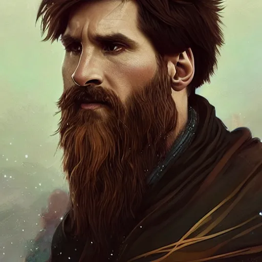 Image similar to Lionel Messi with a majestic beard, closeup, D&D, fantasy, intricate, elegant, highly detailed, digital painting, artstation, concept art, matte, sharp focus, illustration, art by Artgerm and Greg Rutkowski and Alphonse Mucha