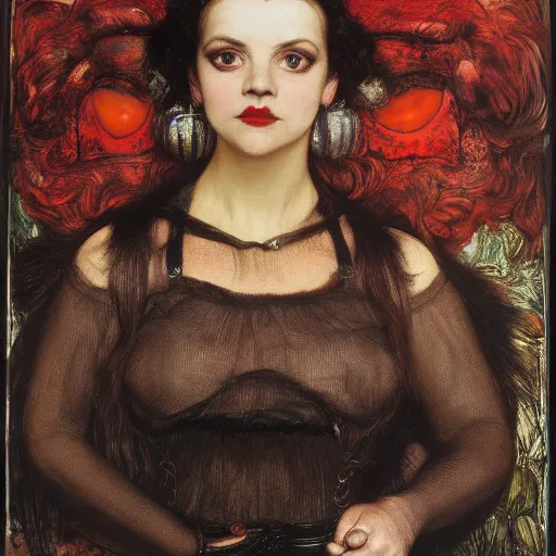 Image similar to portrait of a hybrid of a hybrid of judy garland and lady gaga and christina ricci, with downward slanting eyes, with a brown fringe, holman hunt, john william waterhouse, kilian eng, rosetti, john everett millais, william holman hunt, 4 k