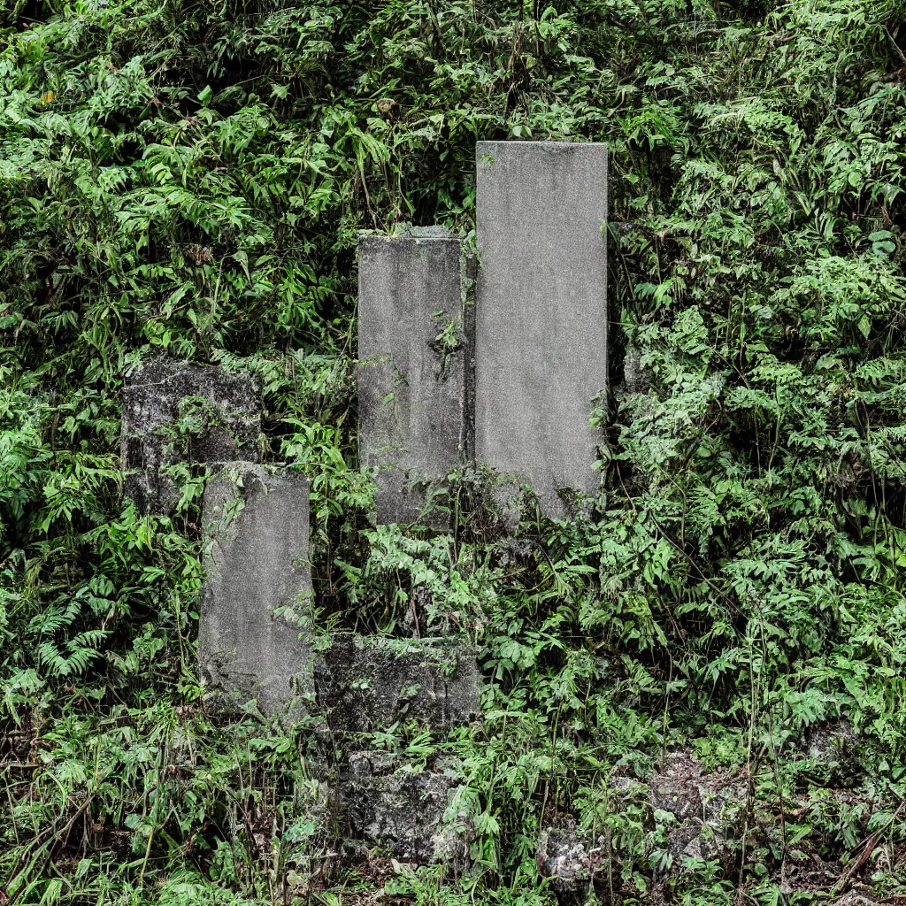 Prompt: Realistic abandoned concrete monument, overgrown rainforest plants and trees, overcast, long shot, Sigma 100mm