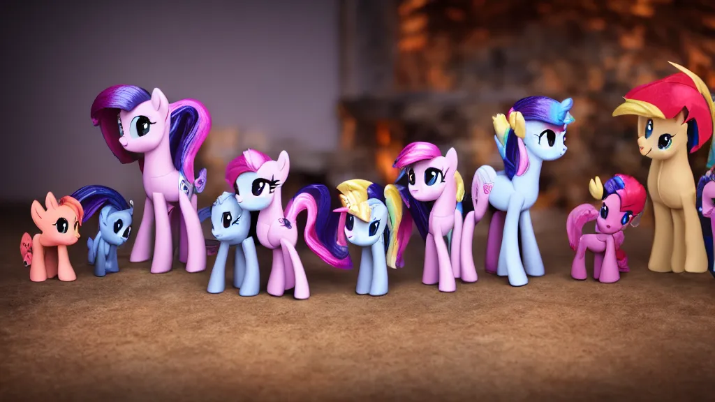 Image similar to A wholesome scene of My Little Pony figurines in front of a fireplace, 4k, 8k, photography, studio lighting