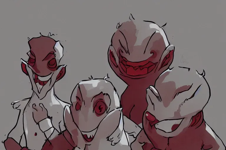 Image similar to red and white simple ms paint doodle of group portrait of grey goblins looking funny looking smug by greg rutkowski