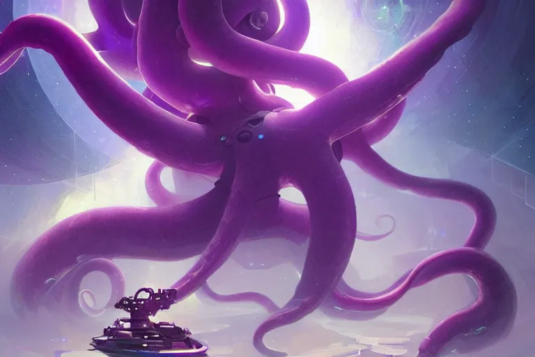 Image similar to Giant purple octopus attack in a space station, elegant, intricate, retrofuturistic digital painting, artstation, concept art, smooth, sharp focus, illustration, art by artgerm and greg rutkowski and alphonse mucha