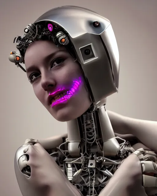 Image similar to photo of sensual female as a solarpunk mecha humanoid robotic head and face parts with straight fluorescent lamps over face, real human face with skin, ultra - realistic and detailed, long exposure, soft focus hdr 8 k