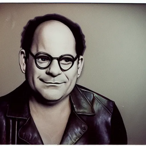 Prompt: Portrait of George Costanza!!!!! in a leather jacket, ethereal, polaroid, punk