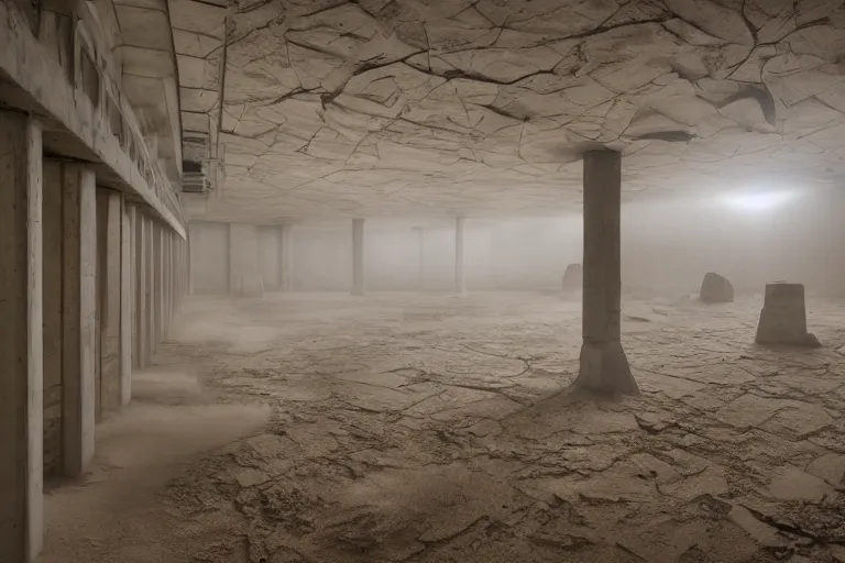 Image similar to inside a tall vetical room, convoluted halls, large open windows, fast wind, cables hanging, complex ceiling, ancient monolithic sci - fi, thick dust storm enters the buiding, concrete pillars, on an alien planet, sun is blocked by dust, beige - white bleached colors, cinematographic wide angle shot, f / 2 4, motion blur