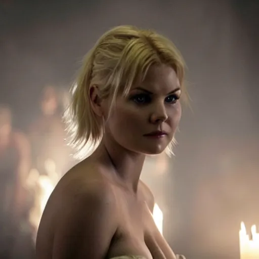 Prompt: elisha cuthbert as the goddess of war. movie still. sinister atmospheric lighting. highly detailed, ground mist