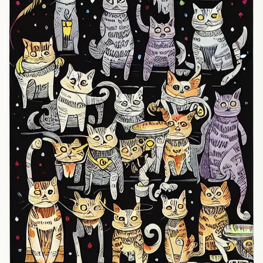 Image similar to mcbess illustration of a little harry potter cats, rainbow gouache