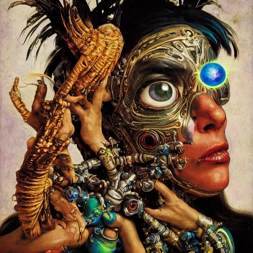 Prompt: a baroque close - up portrait of a cosmic fantasy alien cyborg shaman goddess wearing facepaint and a colorful laser eyes, holding a bird. black background. studio lighting, big eyes. highly detailed science fiction fantasy painting by norman rockwell, moebius, frank frazetta, syd mead, and sandro botticelli. high contrast. renaissance masterpiece. artstation.