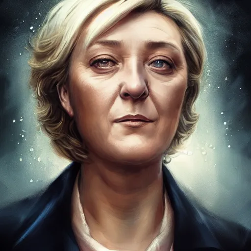 Image similar to Portrait of Marine le Pen , french revolution, heroic, amazing splashscreen artwork, splash art, head slightly tilted, natural light, elegant, intricate, fantasy, atmospheric lighting, cinematic, matte painting, detailed face, by Greg rutkowski