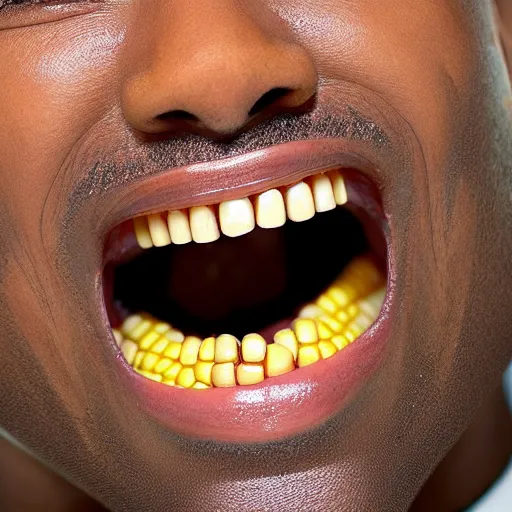 Prompt: a buck tooth smile close-up, each tooth is a miniaturized cob of corn, yellow corn teeth, smiler
