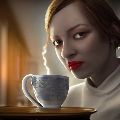 Prompt: stunning award winning hyperrealistic hdr 8 k highly detailed portrait photo of glados drinking tea