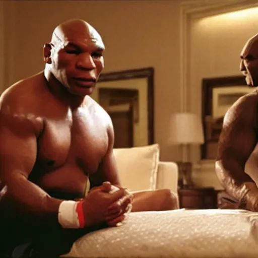 Prompt: a giant toad sitting with mike tyson in a large hotel room, movie directed by martin scorsese and christopher nolan, masterpiece, 8 h