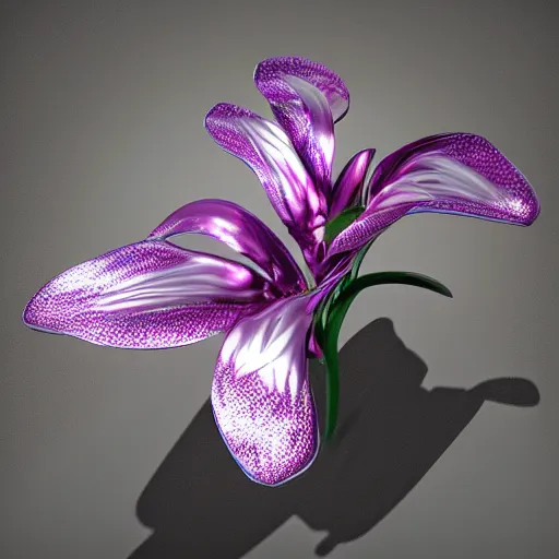 Image similar to a cybertronic, metallic, reflective orchid flower, unreal engine