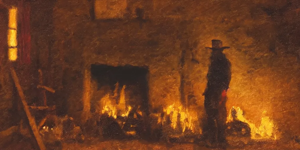 Image similar to in an old west cabin, close up shot a rugged, bearded cowboy standing (alone) at his fireplace, in the style of Fredrick Remington, oil painting