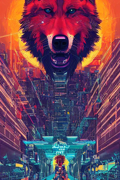 Image similar to a portrait of a wolf with thunders in the sky in a future cybernetic city, outrun style and colours, trending on arstation, by dan mumford, by ross tran