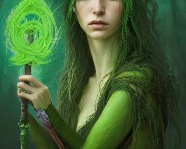 Prompt: portrait of a swamp witch, green colored skin, green hair, holding a caduceus staff, messy hair, deep focus, d & d, fantasy, intricate, elegant, highly detailed, digital painting, artstation, concept art, matte, sharp, illustration, hearthstone, art by artgerm and greg rutkowski and alphonse mucha