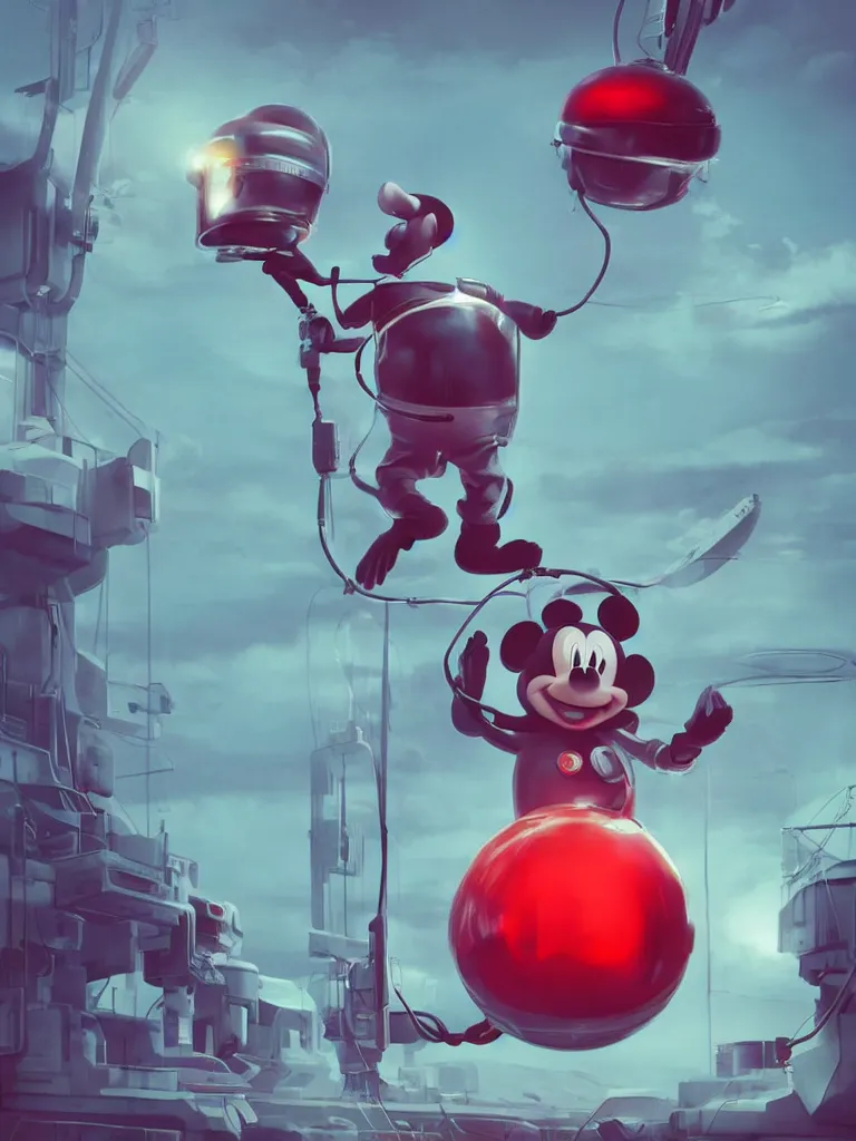 Image similar to graphic art of dystopian futuristic 1 0 mechanic surgeons in space suits, operate on a huge mickey - mouse! severed - head!! held by a crane. ominous glowing red netflix!!! sign in the background, trending on art station, beeple!!, clean concept art, smooth, octane render