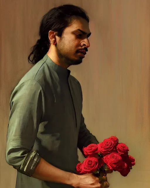 Image similar to a guy in a kurta waiting for his love to come, holding roses, art by greg rutkowski, gustave courbet, rosa bonheur, edward hopper. faithfully depicted facial expression, perfect anatomy, sharp focus, global illumination, radiant light, detailed and intricate environment, trending on artstation