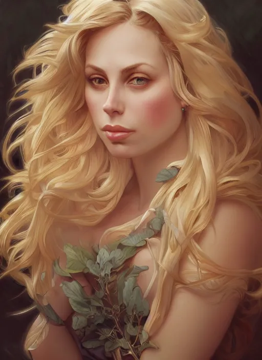 Image similar to beautiful portrait of blonde gianna michaels, by magali villeneuve and greg rutkowski and artgerm and alphonse mucha, intricate, elegant, highly detailed, photorealistic, trending on artstation, trending on cgsociety, 8 k, sharp focus