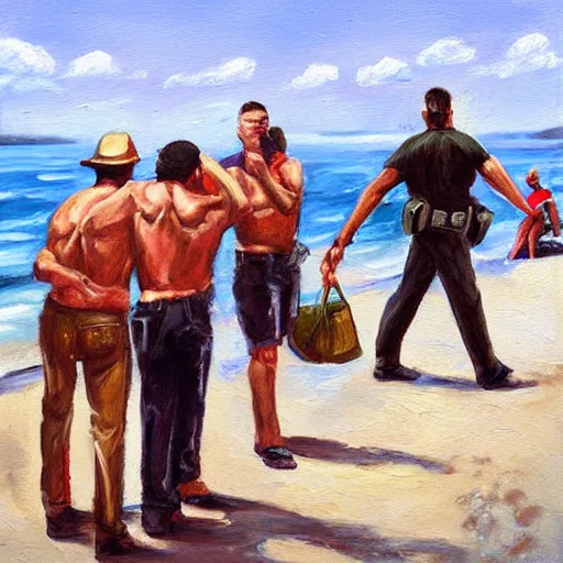 Image similar to dea arresting drug dealers on a beach, oil painting, very detailed, 4 k