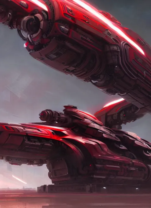 Image similar to wide view of epic muscular mechanical futuristic war machine with red and white accent. highly detailed, digital painting, concept art, smooth, sharp focus, illustration, art by greg rutkowski