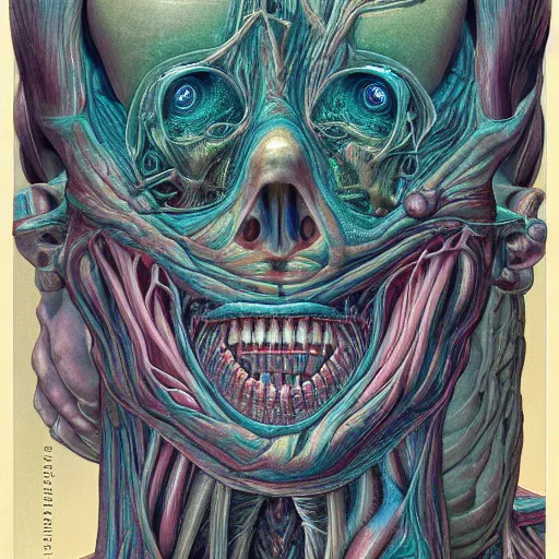 Image similar to nightmare etherreal iridescent vascular nerve bundles pearlescent spinal chord horror by naoto hattori, zdzislaw, norman rockwell, studio ghibli, anatomical cutaway