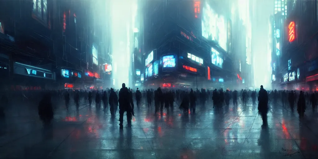 Prompt: beautiful painting by jeremy mann, large crowd in a cyberpunk street, still from tron legacy movie, desaturated, oil painting, perfect composition, detailed octane render trending on artstation, volumetric fog, ominous, unsettling, 8 k artistic photography, volumetric cinematic perfect light