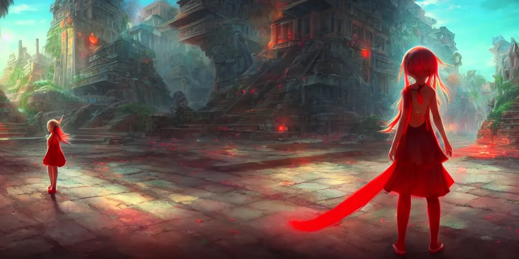 Prompt: a lost city with a loli in red standing in the middle of the road, 4 k resolution, ultra detailed, matte oil painting, mysterious, artstation