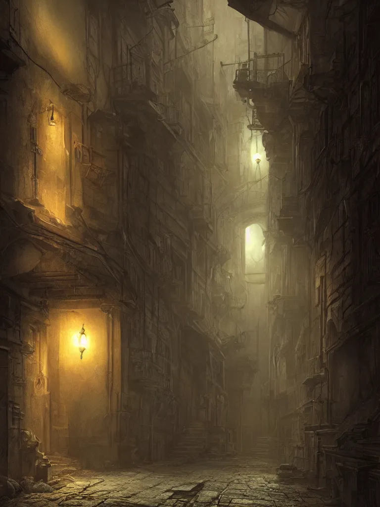 Image similar to a detailed matte painting of a nightscene with a dark alley at the end an illuminated door in the style of greg rutkowski