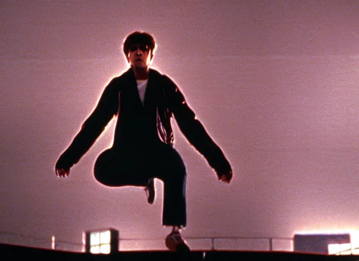 Image similar to a still from the breakfast club ( 1 9 8 5 ) of a man lifelessly floating 9 feet above the ground at night, illuminated by a single red light
