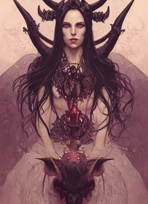 Image similar to a beautiful illustration of a satanic witch with horns in head, intricate, sharp focus, illustration, highly detailed, digital painting, concept art, matte, art by wlop and artgerm and greg rutkowski and alphonse mucha, masterpiece