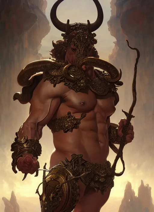 Prompt: painting of the monstruos minotaur, d & d, classical, gruesome, fantasy, intricate, elegant, highly detailed, digital painting, artstation, concept art, smooth, sharp focus, illustration, art by artgerm and greg rutkowski and alphonse mucha