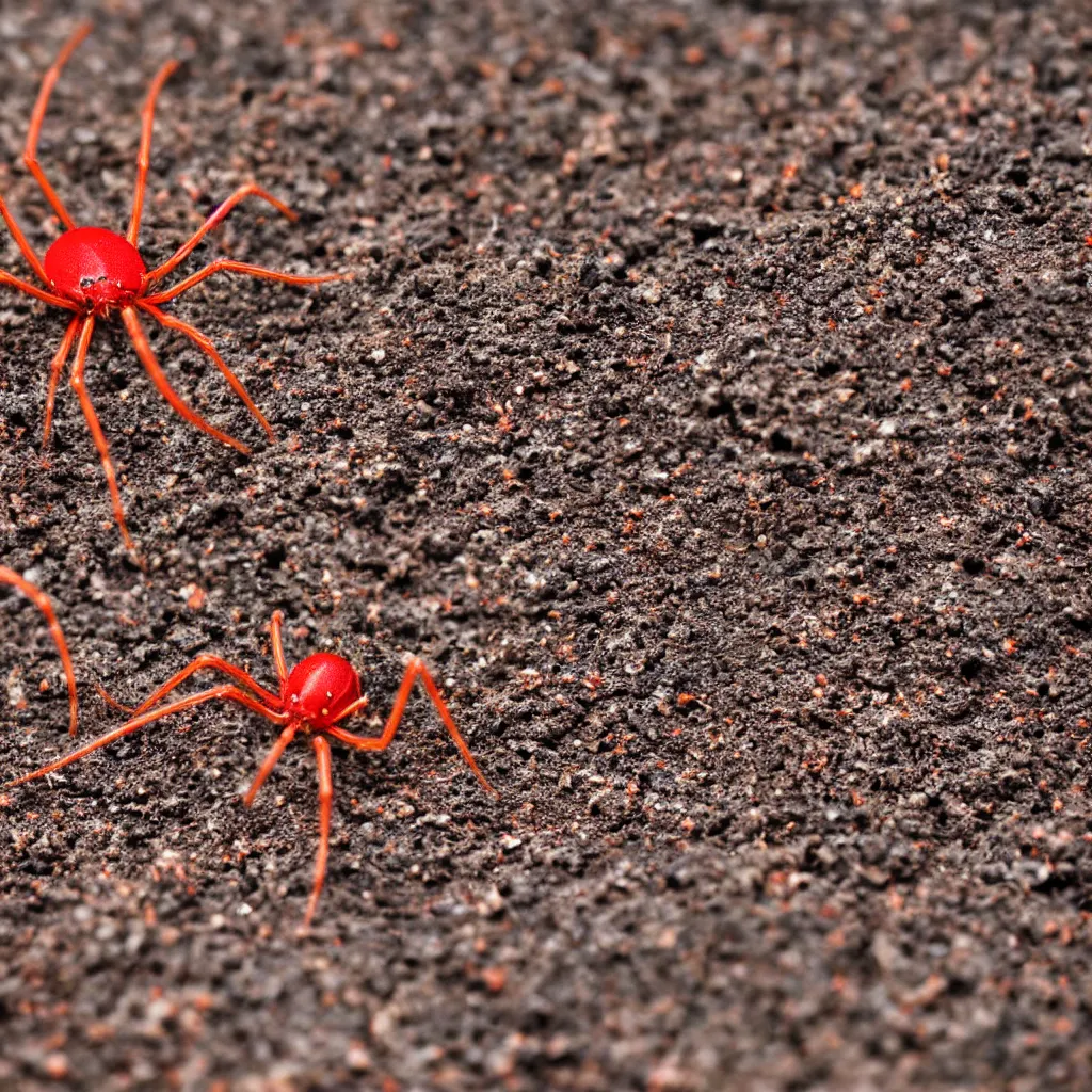 Prompt: a red spider standing on dirt ground, close view, macro view, field of view, high detail,