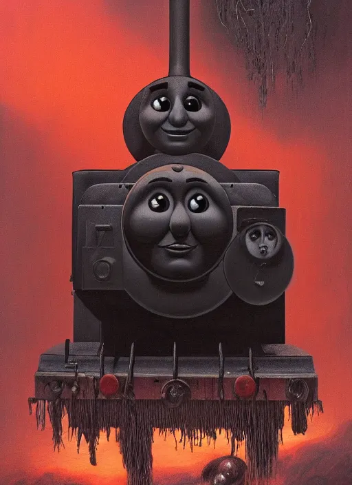 Image similar to thomas the tank engine in style of zdzisław beksinski, extremely dramatic lighting, 8 k, tendrils, black, darkness, black slime tendrils, infected, rust, body horror, thomas the train, thomas the tank engine face, horror,