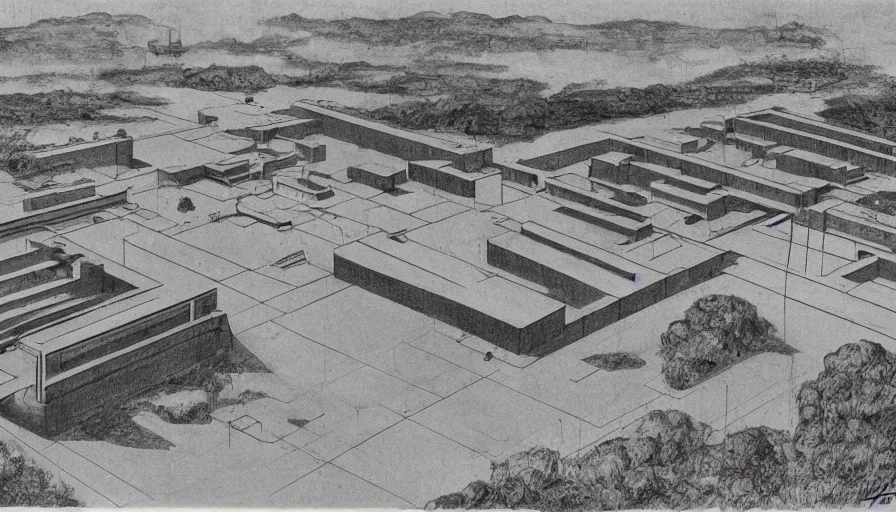 Image similar to big brutalist military base, drawing architecture, very long shot, top angle