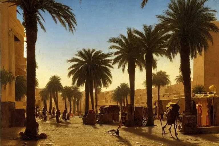 Image similar to palm tree-lined street at midnight in a very ancient very beautiful Egyptian city by Ludwig Deutsch and Rudolf Ernst, colorful tiled architecture, strong dramatic cinematic lighting, lost civilizations, smooth, sharp focus, extremely detailed