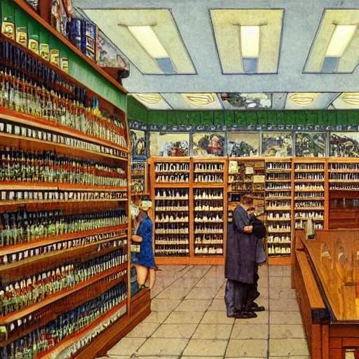 Prompt: American dreamscape liquor store gun shop church. Architectural art by Jean Leon Gerome, Norman Rockwell, Studio Ghibli