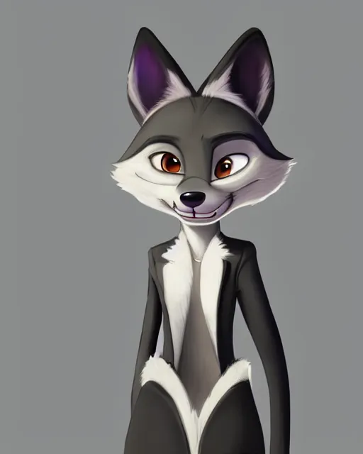 Prompt: digital painting full body of anthromorphic furry female wolf, in style of zootopia, female fursona, furry, furaffinity, 4 k, artstation furry, deviantart, furry art, fursona art, wearing black business suit, wearing black business suit, wolf fursona, female, very expressive detailed feminine face,