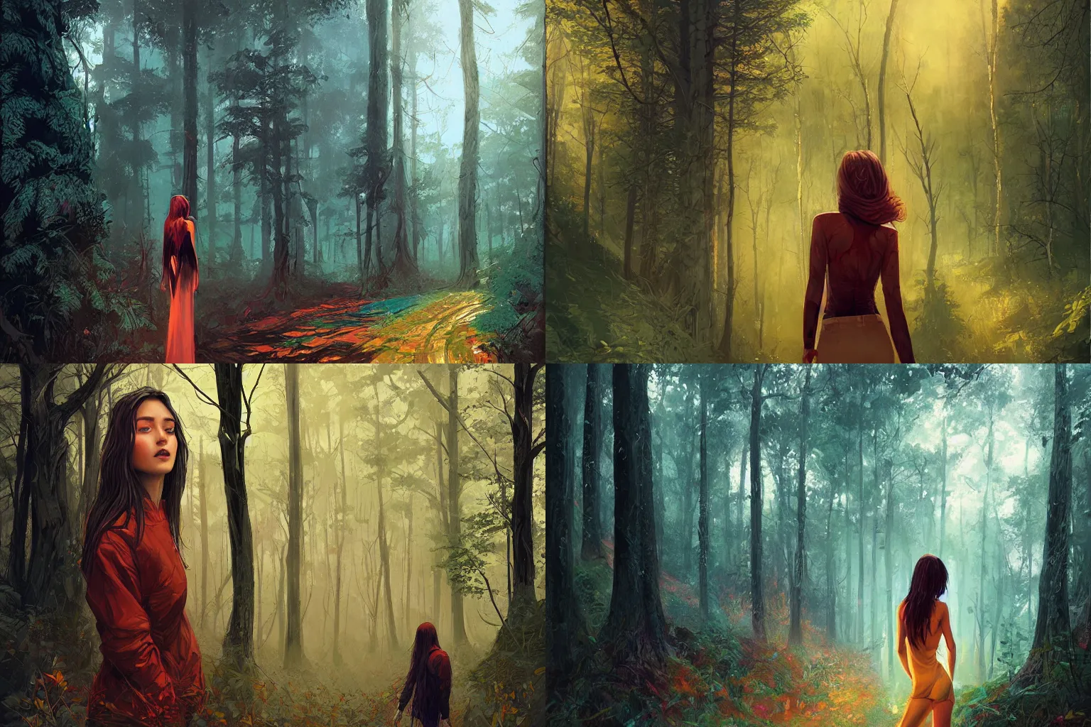 Prompt: woman drawn by artgerm, standing on a forest trail by alena aenami, digital artwork by karol bak and rhads, jason chan