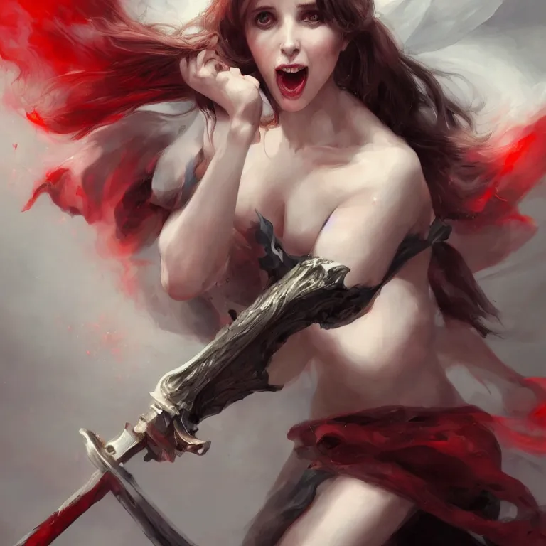 Image similar to portrait of felicity jones as a beautiful pale laughing succubus maiden with sword, nimbus, red lighting, masterpiece 4 k digital illustration by ruan jia and mandy jurgens and artgerm, highly detailed, trending on artstation, award winning