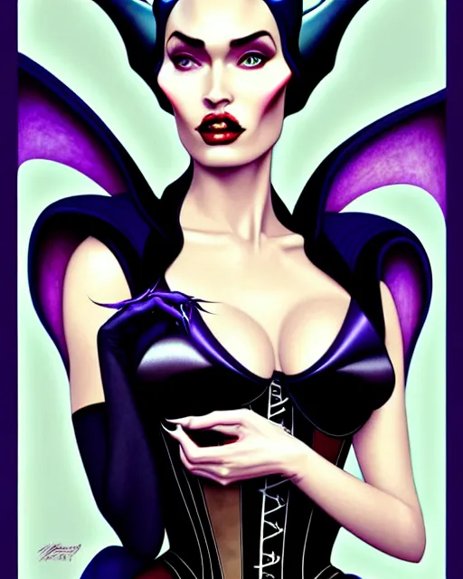 Image similar to new art nouveau portrait of fantasy succubus maleficent megan fox wearing a latex corset, anna dittmann, moebius, wlop, artgerm, patrick nagle, charlie bowater and loish. long windblown hair, very large, clear, expressive, and intelligent eyes, ultrasharp focus, dramatic lighting, photorealistic digital matte painting, intricate.