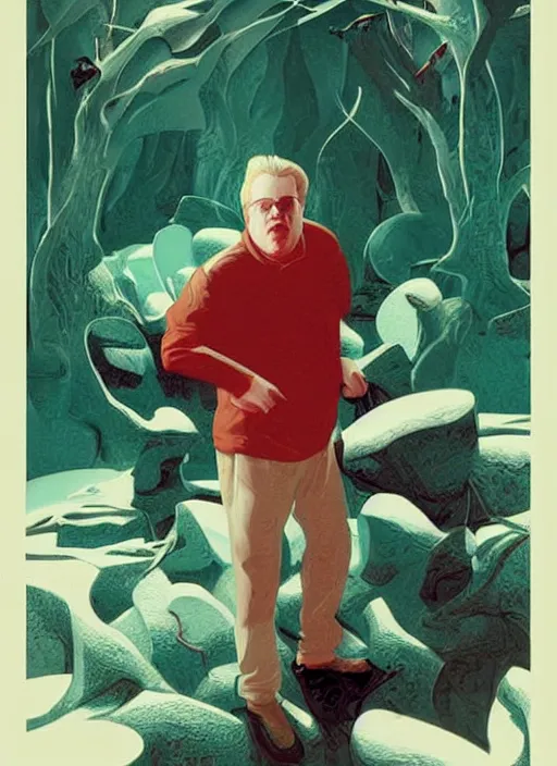 Image similar to poster artwork by Michael Whelan and Tomer Hanuka, Karol Bak of Philip Seymour Hoffman, from scene from Twin Peaks, clean